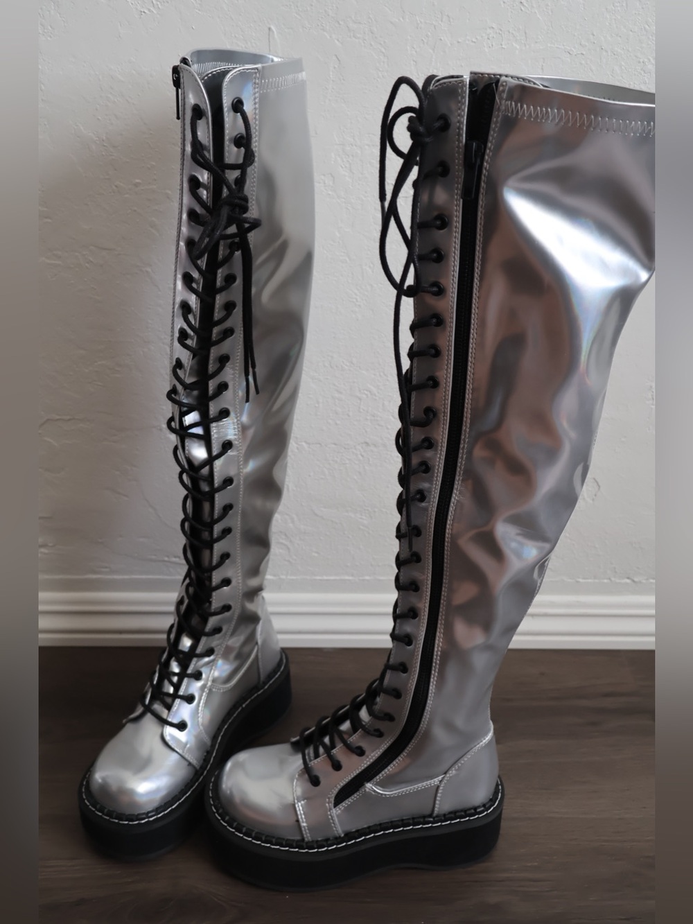 like new open box Demonia Over the Knee Combat Boots Size 6 WOMENS